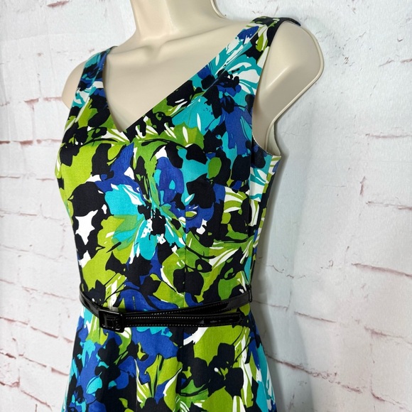 DAVID MEISTER Belted Fit & Flare Blue Green Floral Cocktail Party Dress Size 2 - Picture 16 of 16